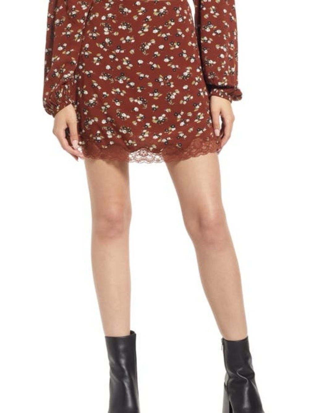 BP rust brown ditsy Floral Lace-Hem side zip Mini Skirt size S